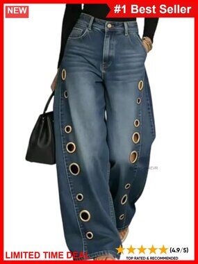 High Waisted Wide Leg Jeans Grommet Cutout Stretch Denim Pants